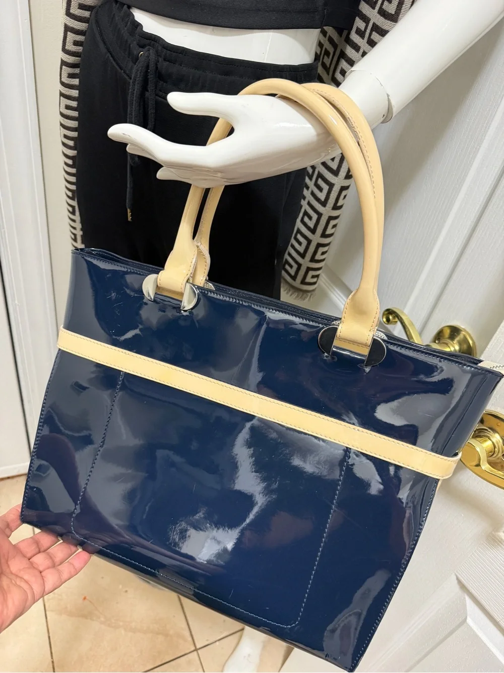 L.K Baanet Italian Patent Navy and Cream Tote Handbag